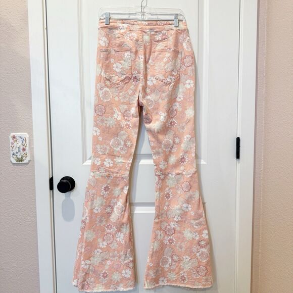 Womens Floral Groovy Bell Bottom Flare Jeans Size Large Hippie 70s Festival Boho - Picture 5 of 9
